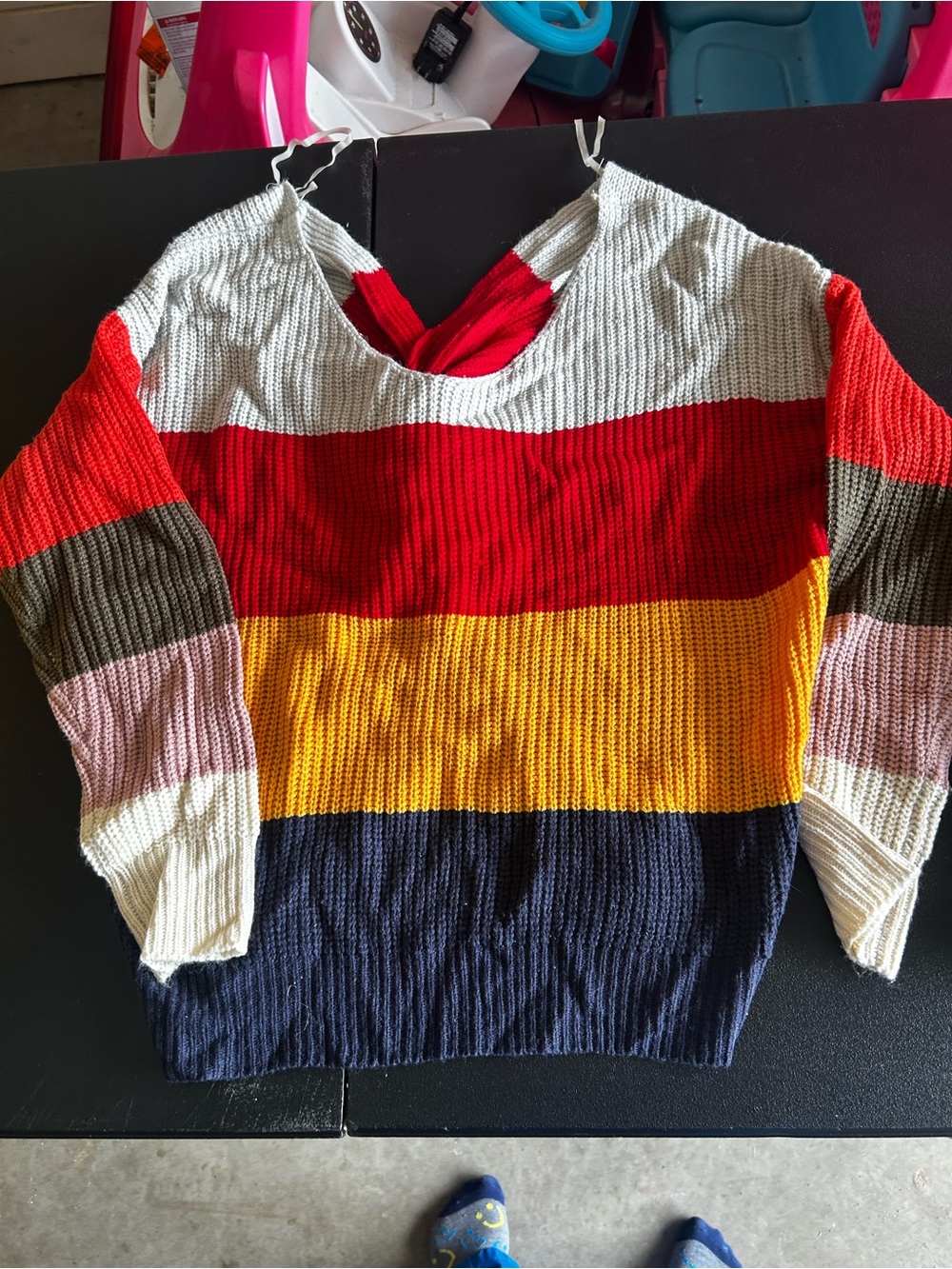 Fashion Nova V-Neck Striped Knit Sweater — Red, Yellow, Navy, Cream, Pink, Olive